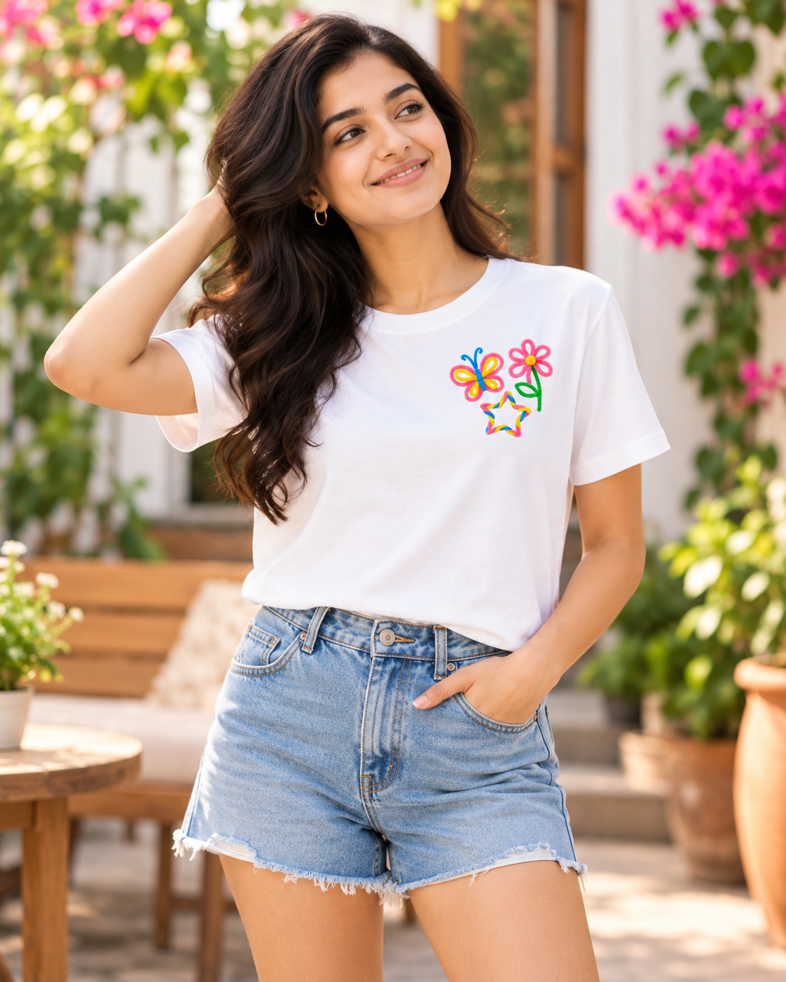 Cheerful Butterfly & Blossom Handcrafted Crochet White T-Shirt