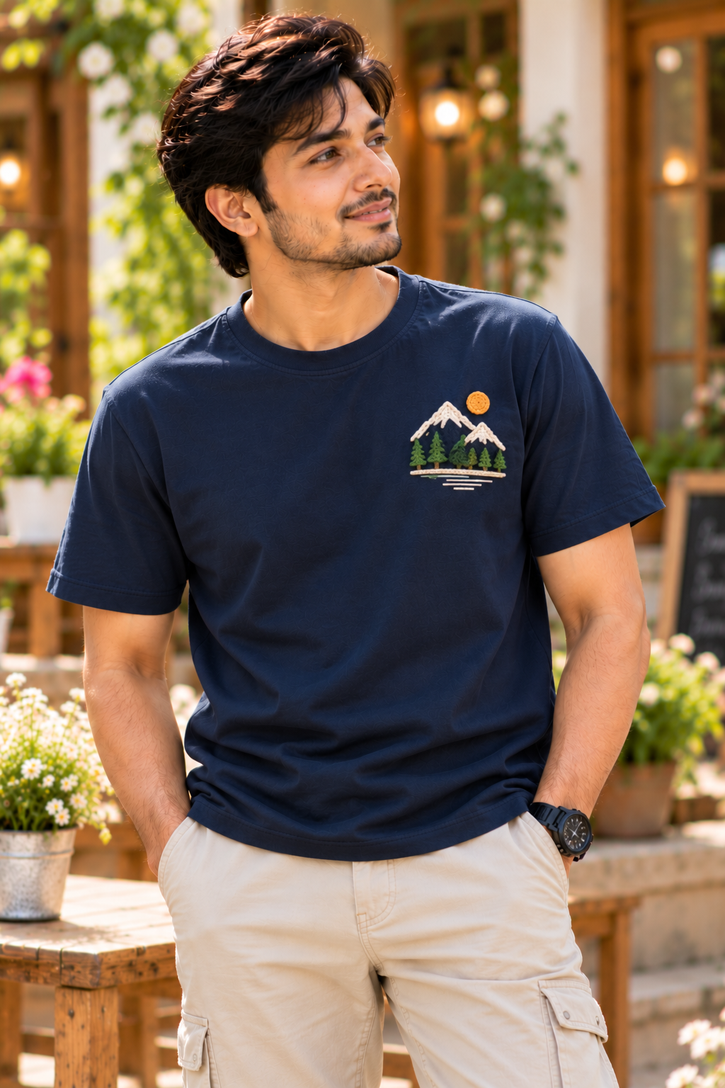 Alpine Mountain Peak & Pine Forest Handcrafted Crochet Navy Streetwear T-Shirt