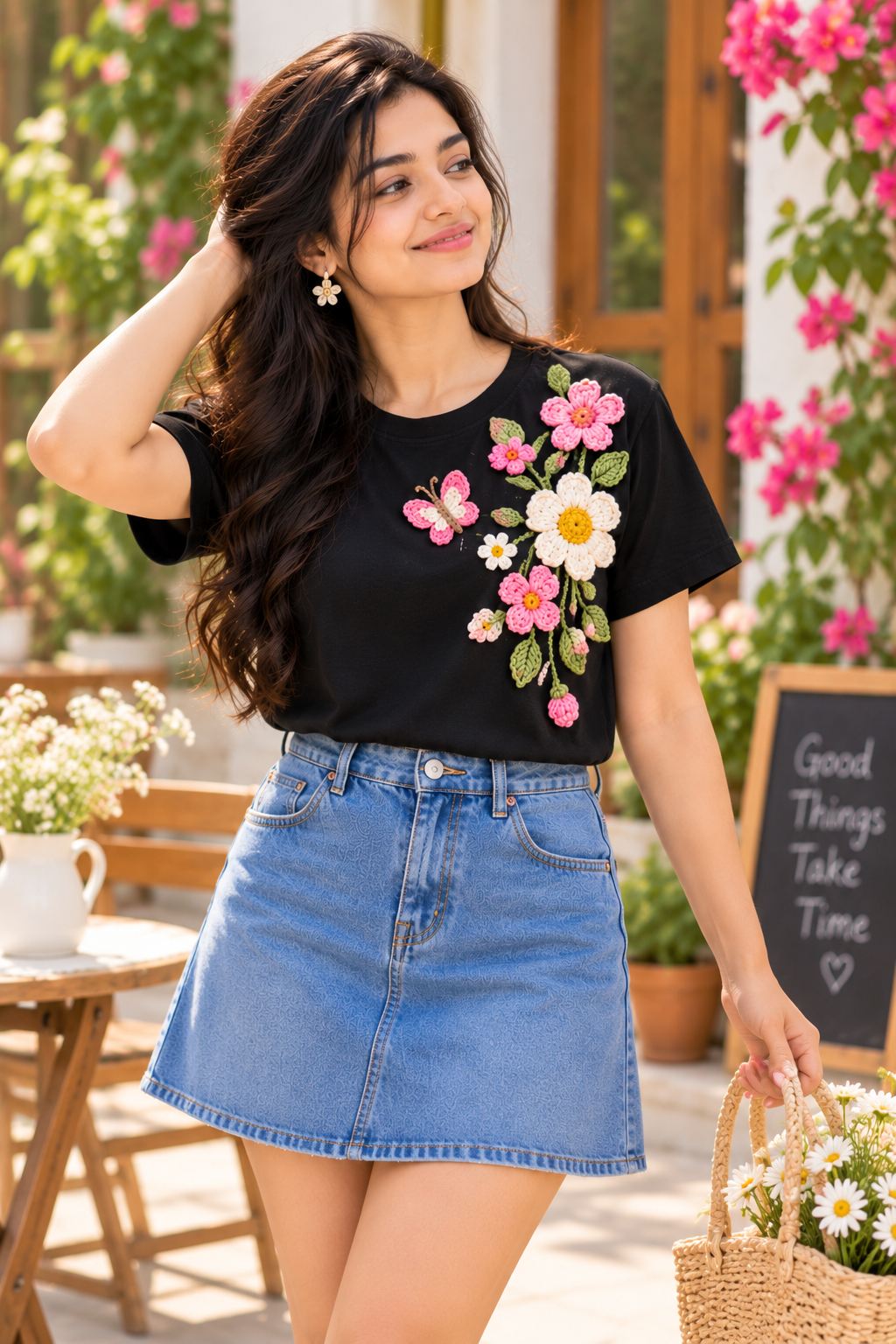 Cascading Garden Blossom & Butterfly Handcrafted Crochet Jet Black T-Shirt