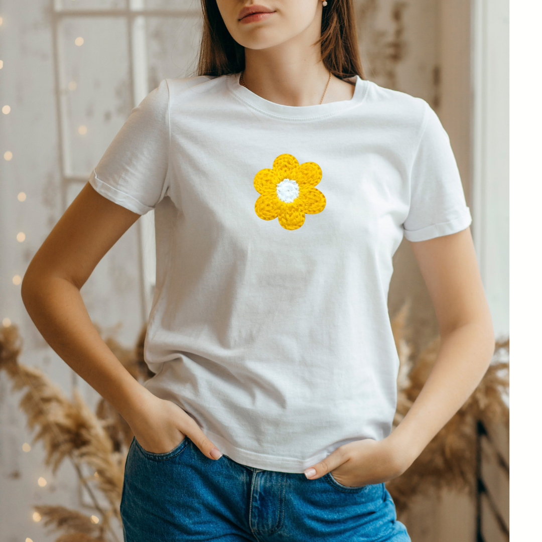 Sunshine Crochet Daisy Handcrafted Blossom T-Shirt